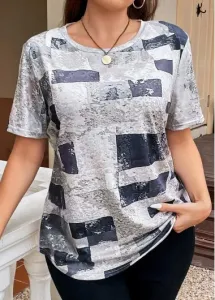 Modlily Grey Lightweight Plus Size Geometric Print T Shirt - 2XL