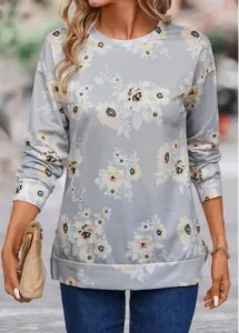 Modlily Grey Patchwork Floral Print Long Sleeve Sweatshirt - S