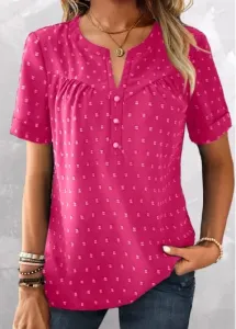 Modlily Hot Pink Button Short Sleeve Split Neck Blouse - S