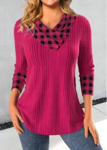 Modlily Hot Pink Patchwork Plaid Long Sleeve Sweatshirt - XXL