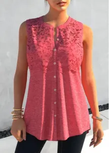 Modlily Lace Stitching Button Up Pink Tank Top - S