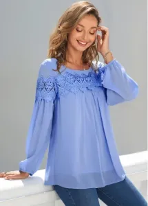 Modlily Lace Stitching Long Sleeve Blue Blouse - S