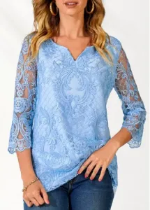 Modlily Lace Stitching Split Neck Light Blue Blouse - S