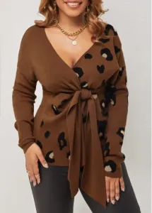 Modlily Leopard Brown Tie Front V Neck Sweater - S