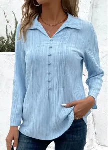 Modlily Light Blue Button 3/4 Sleeve Shirt Collar Blouse - M