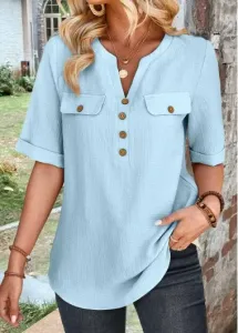 Modlily Light Blue Button Half Sleeve High Neck Shirt - L