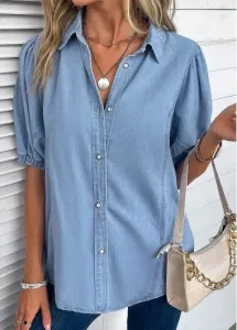 Modlily Light Blue Button Half Sleeve Shirt Collar Blouse - M