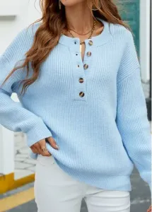 Modlily Light Blue Button Long Sleeve Split Neck Sweater - M