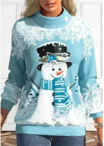 Modlily Light Blue Button Plus Size Snowman Print Turtleneck Sweatshirt - 2X