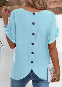 Modlily Light Blue Button Short Sleeve Round Neck Blouse - S #1290517