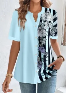 Modlily Light Blue Short Sleeve Blouse With Button Floral Print Striped Tunic Top - L