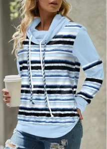 Modlily Light Blue Patchwork Striped Long Sleeve Cowl Neck Sweatshirt - XL