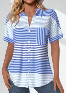 Modlily Light Blue Pocket Striped Short Sleeve Shirt Collar Blouse - L