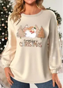 Modlily Light Camel Button Christmas Print Long Sleeve Sweatshirt - S