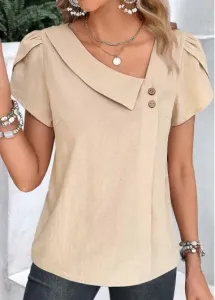 Modlily Light Camel Button Short Sleeve Asymmetrical Neck Blouse - M
