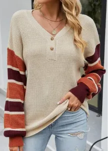 Modlily Light Camel Button Striped Long Sleeve V Neck Sweater - S
