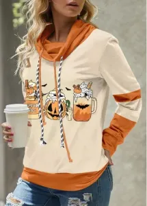 Modlily Light Camel Patchwork Halloween Print Long Sleeve Sweatshirt - M