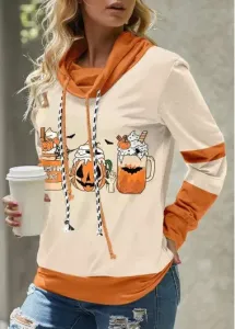 Modlily Light Camel Patchwork Halloween Print Long Sleeve Sweatshirt - XL