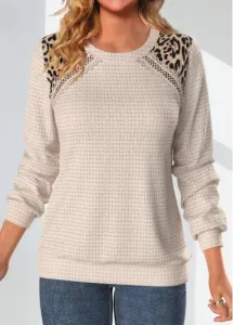 Modlily Light Camel Patchwork Leopard Long Sleeve Sweatshirt - XL