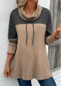 Modlily Light Camel Patchwork Long Sleeve Cowl Neck Sweatshirt - XL