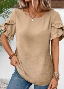 Modlily Light Camel Ruched Short Sleeve Round Neck Blouse - L