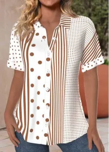 Modlily Light Coffee Button Striped Short Sleeve Shirt Collar Blouse - XL
