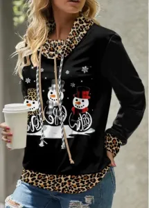 Modlily Light Coffee Patchwork Leopard Christmas Cowl Neck Sweatshirt - L