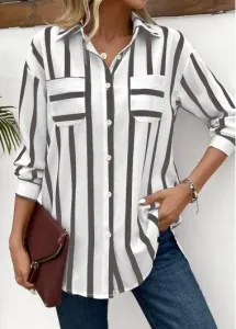 Modlily Light Coffee Pocket Striped Long Sleeve Shirt Collar Blouse - 4XL