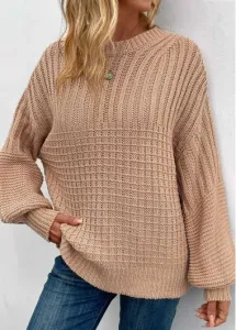 Modlily Light Coffee Rib Long Sleeve Round Neck Sweater - M