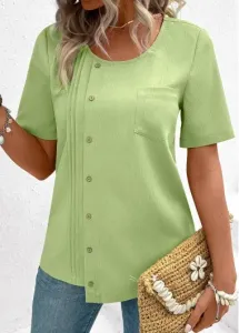 Modlily Light Green Button Short Sleeve Round Neck Blouse - S
