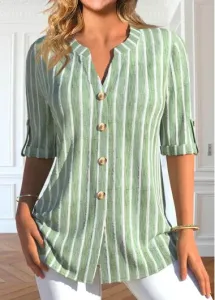 Modlily Light Green Button Striped Half Sleeve Blouse - S