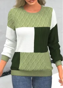 Modlily Light Green Patchwork Long Sleeve Round Neck Sweatshirt - L