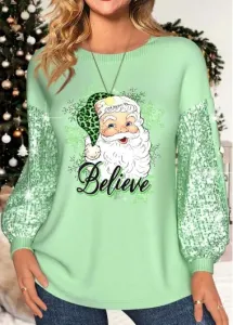 Modlily Light Green Sequin Santa Claus Print Christmas Sweatshirt - L