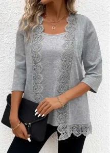 Modlily Light Grey Marl Fake 2in1 3/4 Sleeve Blouse - XXL