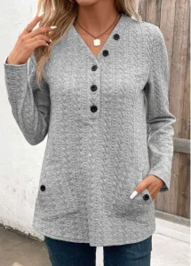 Modlily Light Grey Pocket Long Sleeve V Neck Sweatshirt - L
