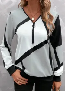 Modlily Light Grey Zipper Geometric Print Long Sleeve Sweatshirt - S