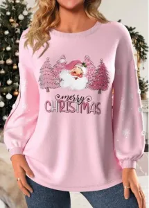 Modlily Light Pink Button Christmas Print Long Sleeve Sweatshirt - S