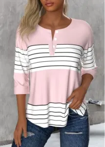 Modlily Light Pink Button Striped 3/4 Sleeve Round Neck Blouse - XL