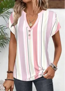 Modlily Light Pink Button Striped Short Sleeve Split Neck Blouse - S