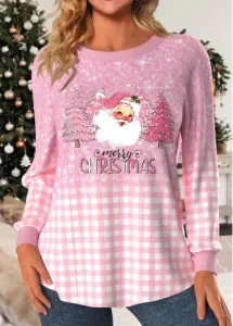 Modlily Light Pink Christmas Print Long Sleeve Round Neck Sweatshirt - S