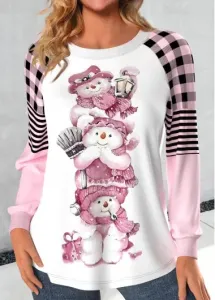 Modlily Light Pink Christmas Snowman Print Long Sleeve Sweatshirt - L