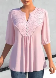 Modlily Light Pink Lace Half Sleeve Split Neck Blouse - S