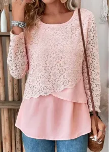 Modlily Light Pink Lace Long Sleeve Round Neck Blouse - S