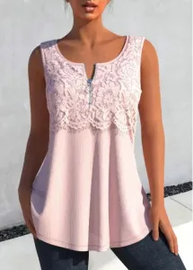 Modlily Light Pink Lace Round Neck Tank Top - S