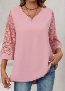 Modlily Light Pink Lace Three Quarter Length Sleeve Blouse - XL #1011645