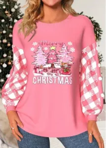 Modlily Light Pink Patchwork Christmas Tree Print Long Sleeve Sweatshirt - S