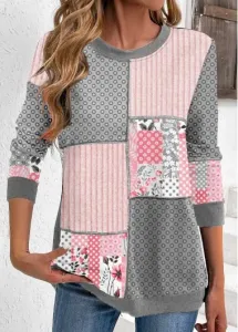 Modlily Light Pink Patchwork Geometric Print Long Sleeve Sweatshirt - L