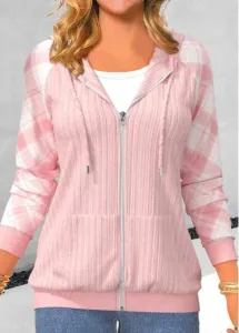 Modlily Light Pink Patchwork Plaid Long Sleeve Hoodie - L