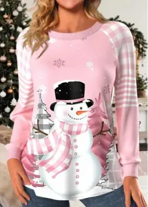 Modlily Light Pink Patchwork Snowman Print Long Sleeve Sweatshirt - L