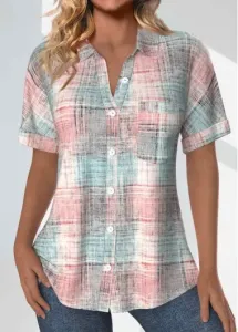 Modlily Light Pink Pocket Plaid Short Sleeve Shirt Collar Blouse - L